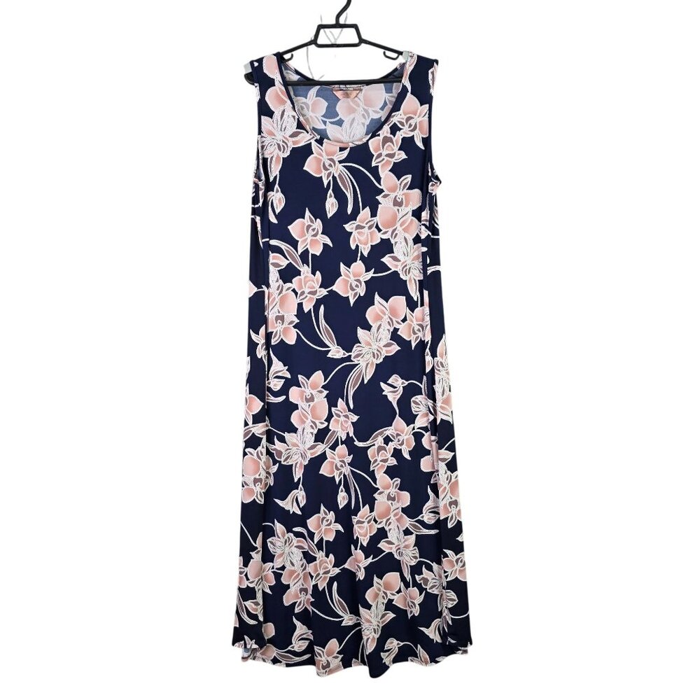 Womens SJS Floral Navy & Pink Sleeveless Midi Dress Polyester Stretch Size L
